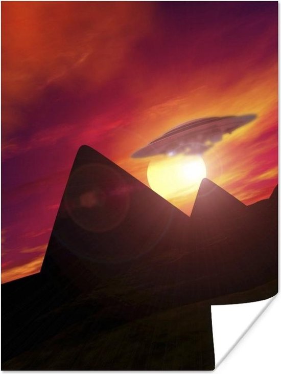 Poster Een illustratie van een UFO boven de piramides - Jongens - Meisjes - Kinderen - Kids - 90x120 cm