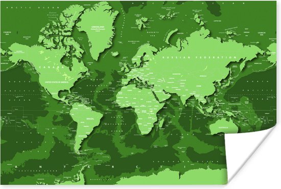 Stoere wereldkaart met veel groentinten Poster | Wereldkaart Poster 90x60 cm