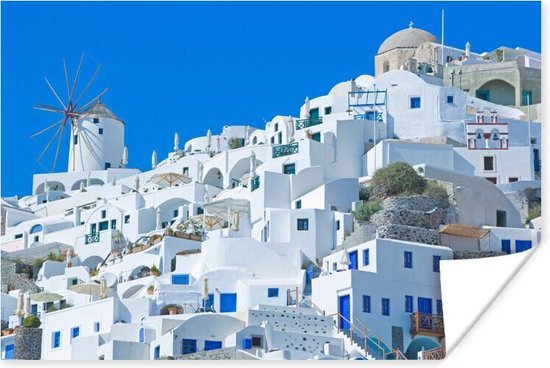 Poster - Santorini in Griekenland witte met blauwe gebouwen - 30x20 cm