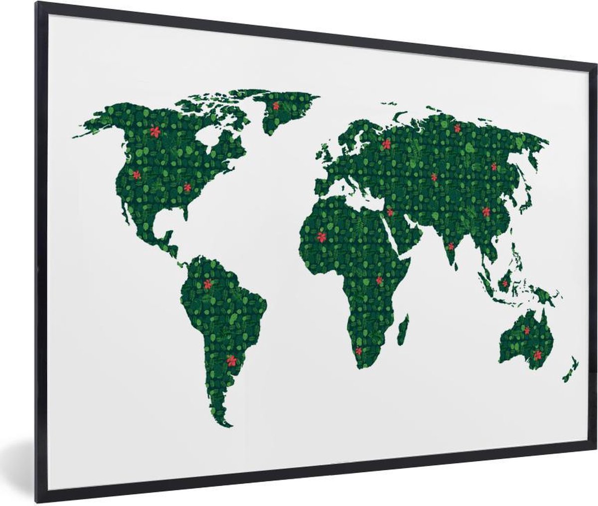 Afbeelding van product PosterMonkey  Poster met lijst Wereldkaart - Groen - Bladeren - 60x40 cm