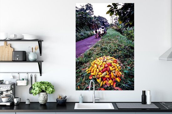 Tas de fèves de cacao tropicales et fraîches Poster 80x120 cm - Tirage photo sur Poster (décoration murale salon / chambre)