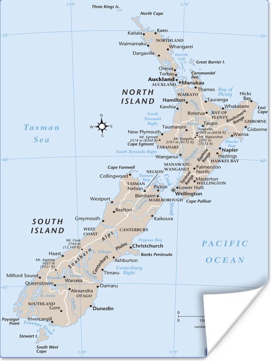 Poster de kaart van Nieuw-Zeeland