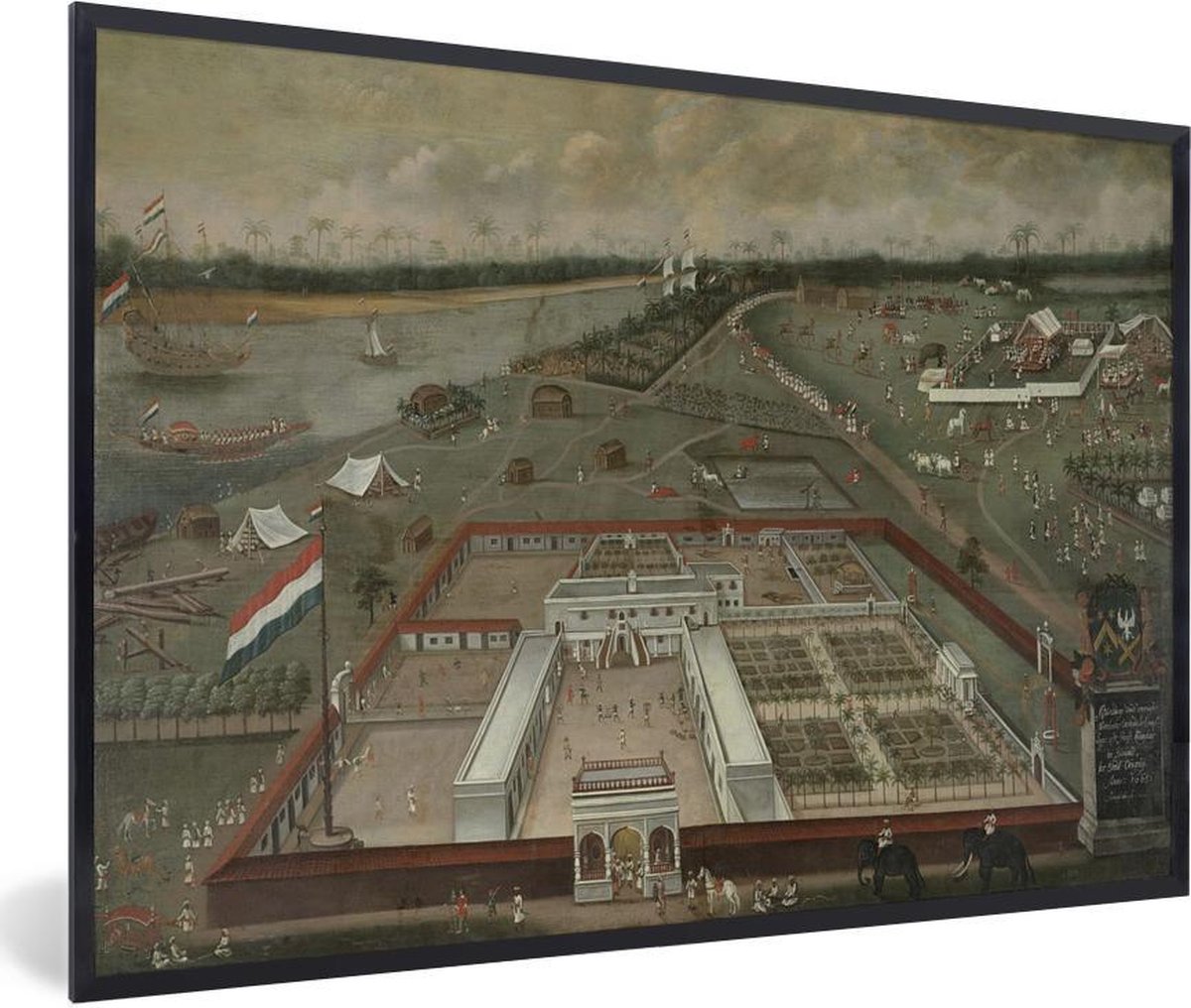 Fotolijst incl. Poster - De handelsloge van de VOC in Hougly in Bengalen - Schilderij van Hendrik van Schuylenburgh - 90x60 cm - Posterlijst