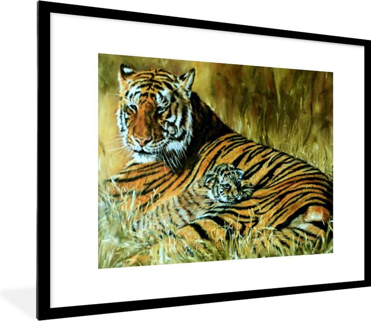 Fotolijst incl. Poster - Olieverfschilderij Tijger en haar jong - 80x60 cm - Posterlijst