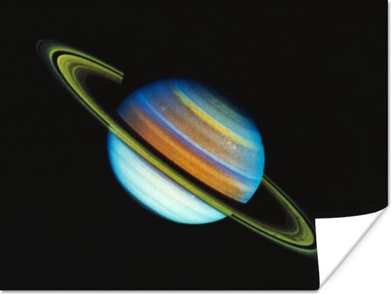Affiche Saturne aux tons bleus 160x120 cm - Tirage photo sur Poster (décoration murale salon / chambre) XXL / Groot format!