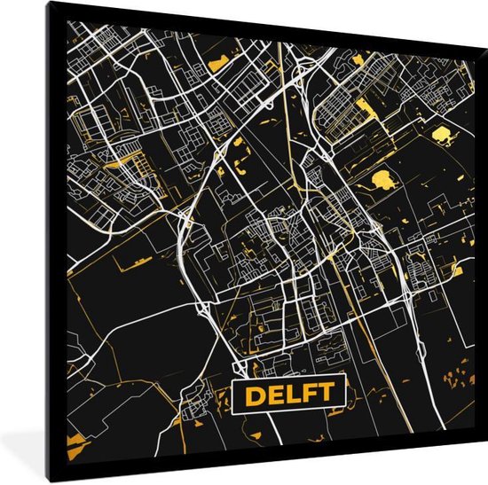 Fotolijst incl. Poster - Plattegrond - Delft - Goud - Zwart - 40x40 cm - Posterlijst - Stadskaart