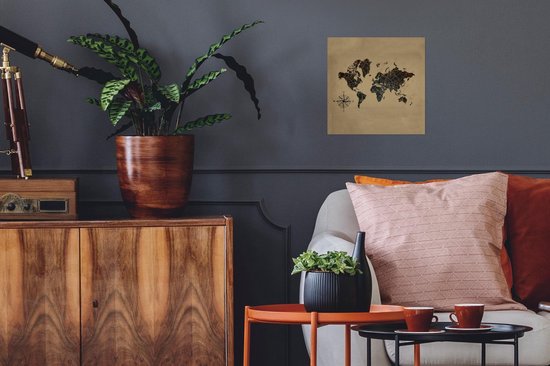 Poster Wereldkaart - Goud - Kompas - 30x30 cm