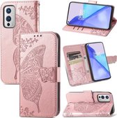 Voor OnePlus 9 Butterfly Love Flowers Reliëf Horizontaal Flip Leren Hoesje met Houder & Kaartsleuven & Portemonnee & Lanyard (Rose Goud)