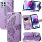 Voor Motorola Edge S Butterfly Love Flowers reliëf horizontale flip lederen tas met houder & kaartsleuven & portemonnee & lanyard (lichtpaars)