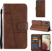 Voor Samsung Galaxy A12 Stiksels Kalf Textuur Gesp Horizontale Flip Leren Case met Houder & Kaartsleuven & Portemonnee & Lanyard (Bruin)