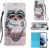 Voor Samsung Samsung Galaxy S21 FE 3D Schilderen Horizontale Flip Leren Case met Houder & Kaartsleuf & Portemonnee & Lanyard (Uil)