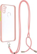 Voor Samsung Galaxy A11 Transparante pc + TPU-telefoonhoes met knop in contrastkleur en nekkoord (roze)