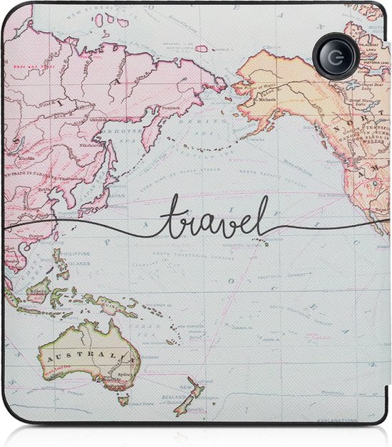 kwmobile e-reader hoesje geschikt voor Kobo Libra H2O hoes - E reader flip case met magnetische sluiting - Ereader cover - Travel Wereldkaart design in zwart / meerkleurig van Merkloos — afbeelding 5