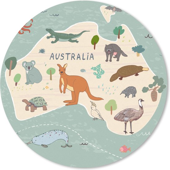Muismat Wereldkaart met dieren - Kaart van Australië met dieren in het groen Muismat rond - 20x20 cm - Muismat met foto