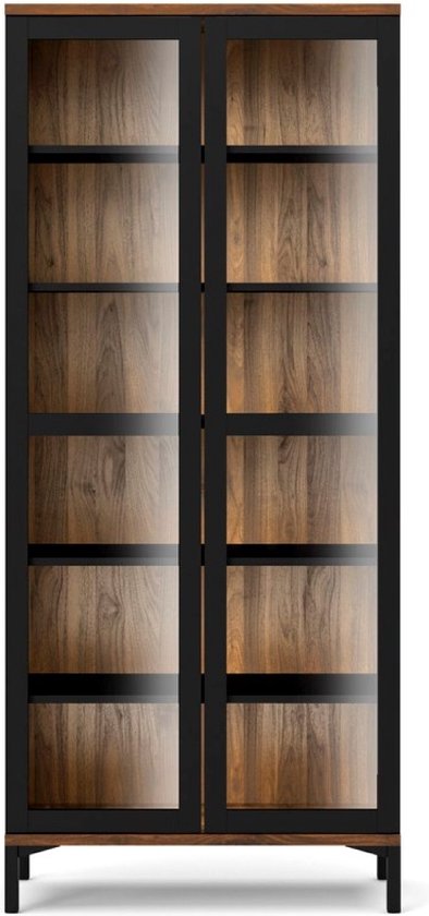 Vitrine Rosa avec base noire et noyer.