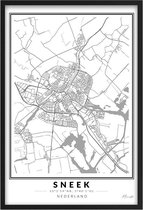 Poster Stad Sneek - A4 - 21 x 30 cm - Inclusief lijst (Zwart Aluminium) Citymap Sneek/Snits - Stadsposter - Plaatsnaam poster Sneek - Stadsplattegrond