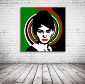 Pop Art Sofia Loren Acrylglas - 100 x 100 cm op Acrylaat glas + Inox Spacers / RVS afstandhouders - Popart Wanddecoratie