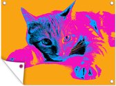 Muurdecoratie buiten Een popart portret van een liggende kat - 160x120 cm - Tuindoek - Buitenposter