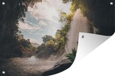 Tuindecoratie Waterval - Jungle - Vrouw - 60x40 cm - Tuinposter - Tuindoek - Buitenposter
