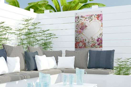 Tuinposter 40x60 cm - Tuindecoratie Bloemen - Hart - Waterverf - Patroon - Poster voor in de tuin - Buiten decoratie - Schutting tuinschilderij - Tuindoek muurdecoratie - Wanddecoratie balkondoek