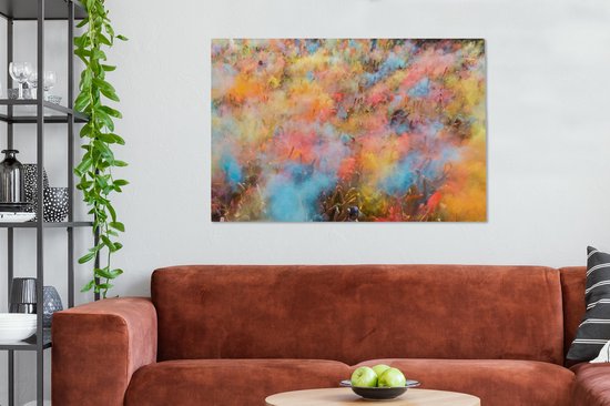 Les nuages de poudre colorés pendant la toile du festival Holi 120x80 cm - Tirage photo sur toile (Décoration murale salon / chambre)