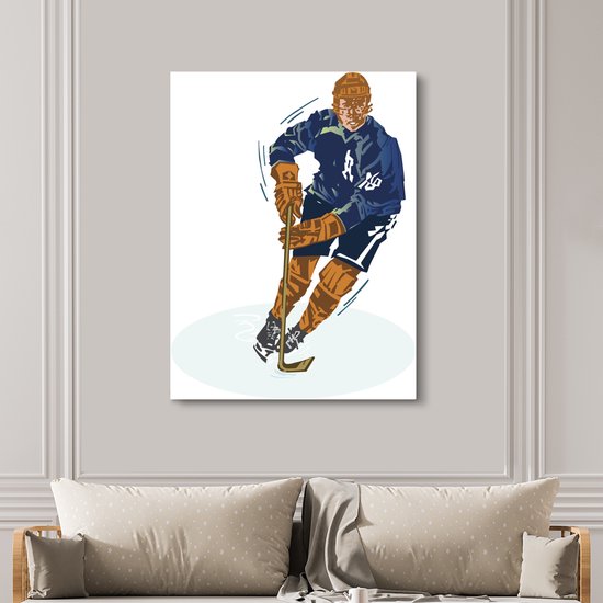 Un joueur de hockey sur glace avec un costume bleu dans une toile d'illustration 120x160 cm - Tirage photo sur Toile (Décoration murale salon / chambre) XXL / Groot format!