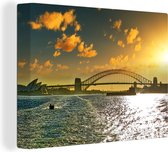 Canvas schilderij 160x120 cm - Wanddecoratie Silhouet van de Sydney Harbour Bridge in Australië - Muurdecoratie woonkamer - Slaapkamer decoratie - Kamer accessoires - Schilderijen