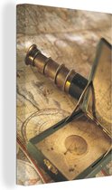 Canvas Wereldkaart - 60x90 - Wanddecoratie Vintage kompas en telescoop op wereldkaart