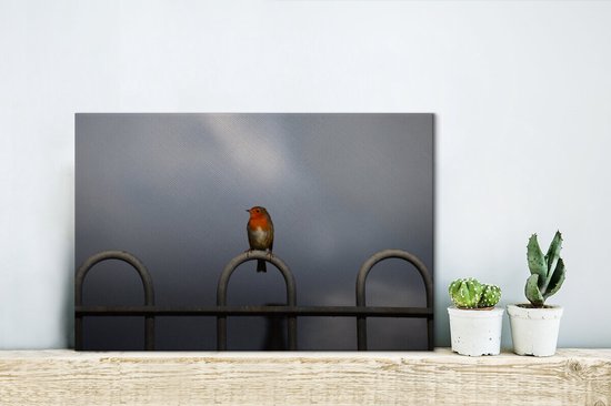 Robin sur une clôture contre un ciel gris foncé 30x20 cm - petit - Tirage photo sur toile (Décoration murale salon / chambre)