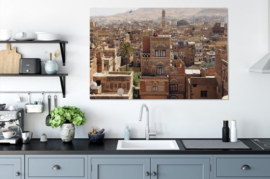 Paysage urbain du centre-ville et palmier solitaire de Sanaa au Yémen Toile 140x90 cm - Tirage photo sur toile (Décoration murale salon / chambre)