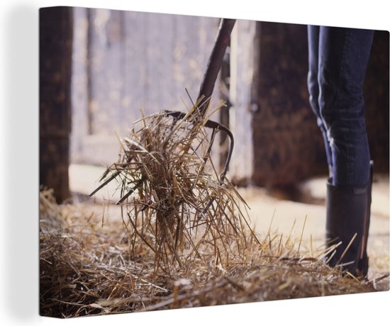 Foto: Canvas schilderij een boer ruimt met zijn hooivork de boerderij schoon 90x60 cm wanddecoratie