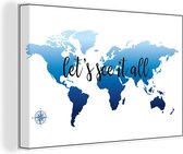 Canvas Wereldkaart - 30x20 - Wanddecoratie Wereldkaart - Blauw - Kompas