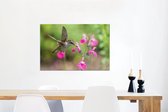 Canvas Schilderij Robijnkeelkolibrie zweeft naast een wilde roze bloem - 60x40 cm - Wanddecoratie