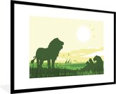 Photo en cadre - Une illustration verte d'un safari africain avec divers animaux sauvages Cadre photo noir avec passe-partout blanc xxl 120x80 cm - Affiche sous cadre (Décoration murale salon / chambre)