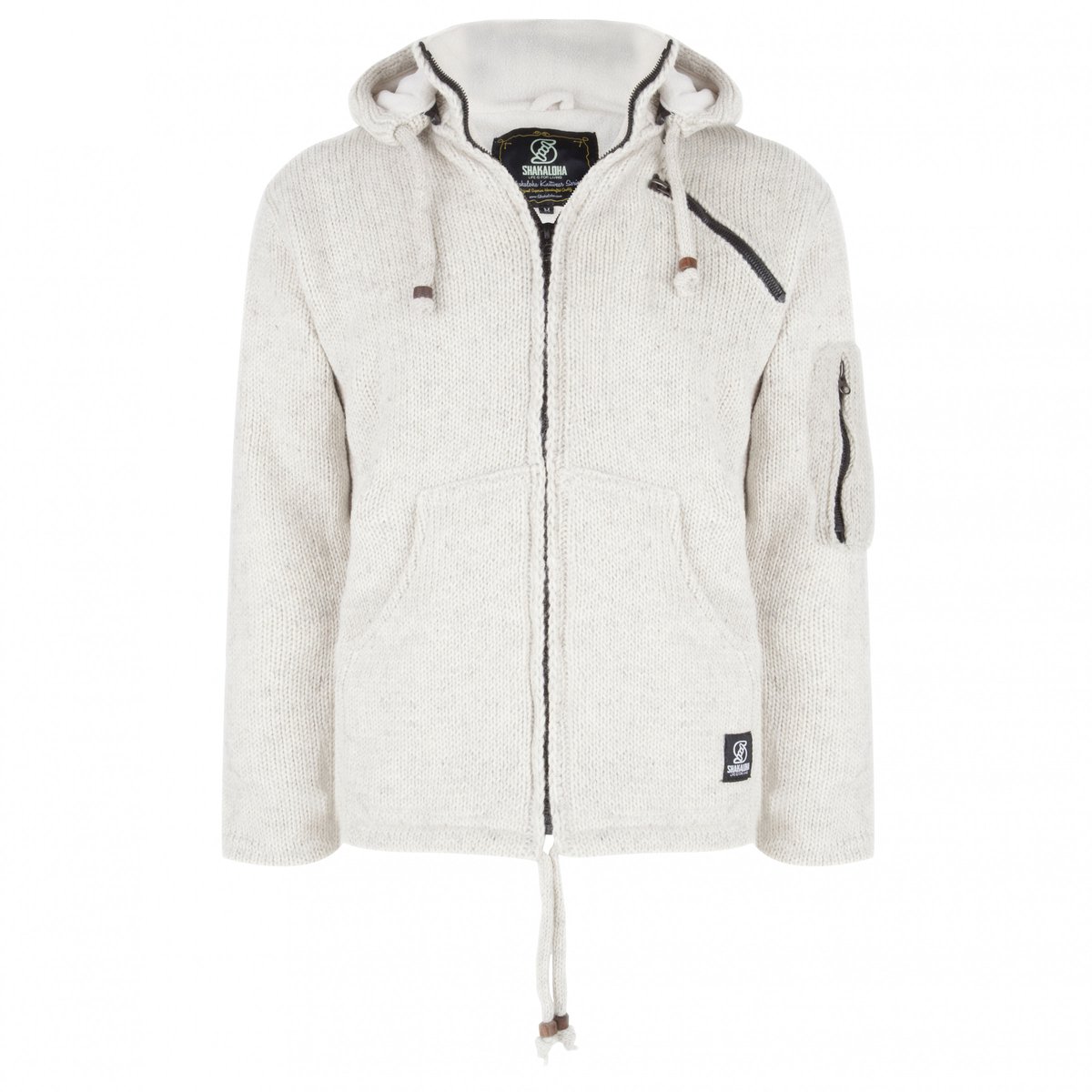 Gebreid Wollen Heren/Uni Vest van Schapenwol met Polyester Fleece voering en afneembare capuchon SHAKALOHA Crush Ziphood Beige