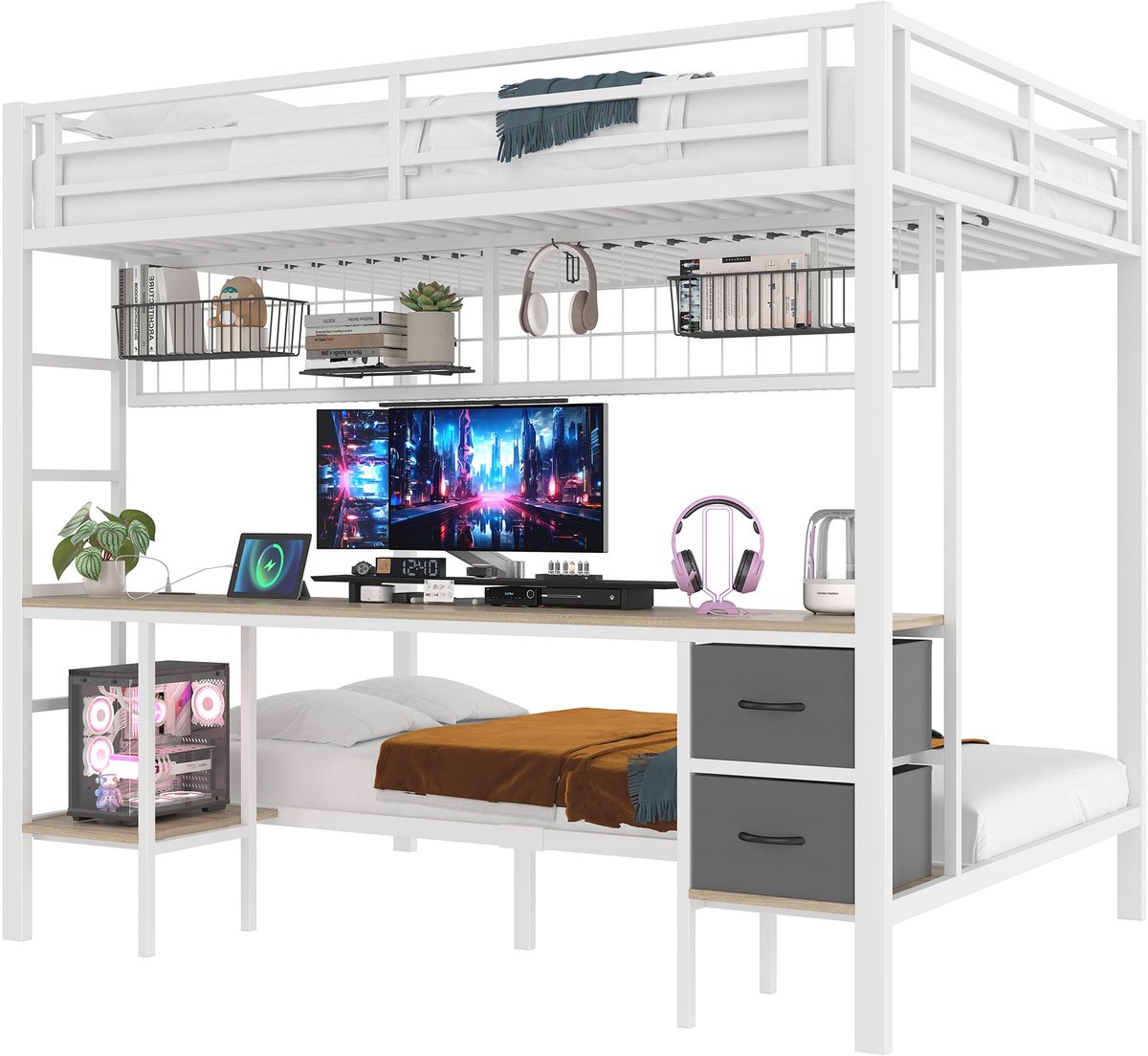 Merax Stapelbed 140x200 met Bureau - LED en USB - Lades en Planken - Wit