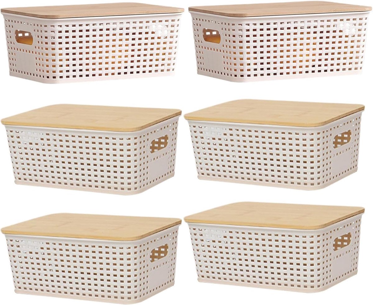 Opbergmanden Set - Bakjes Organizer - Thuis Kantoor - Stapelbaar met Deksel - 6 Stuks Set
