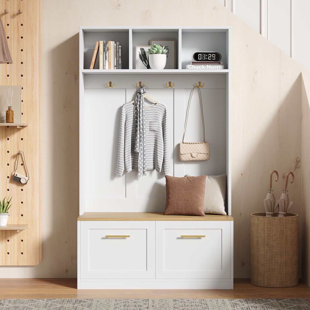 MODFU - Garderobeset - Met Zitbank En Opbergruimte - Modern - Voor Hal - MDF En Spaanplaat - Naturel En Wit - 105 X 40 X 180 Cm