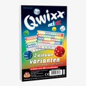 Qwixx Mixx spel met gekleurde dobbelstenen, scorekaarten en het opschrift "2 nieuwe varianten ...voor nog meer speelplezier!".