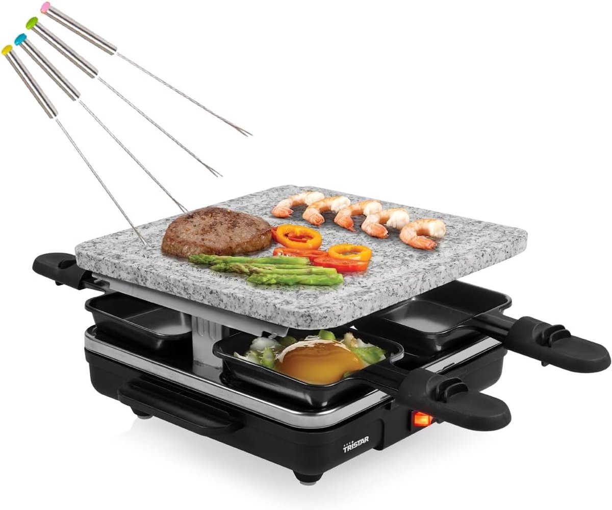 Raclette met steenplaat - Tafelgrill Gourmet - Gezellig Eten - Steenplaat 21x21cm - Voor 4 personen - Zwart