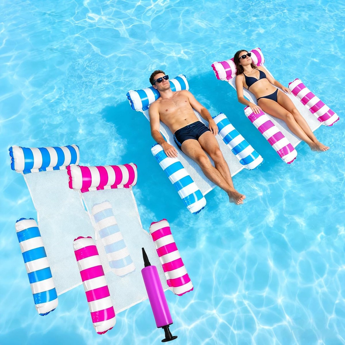 Opblaasbare Hangmat - Zwemstoel Waterbed - Ontspannen in Zwembad - 4-in-1 Multifunctioneel - 120 x 105 cm - Roze Blauw