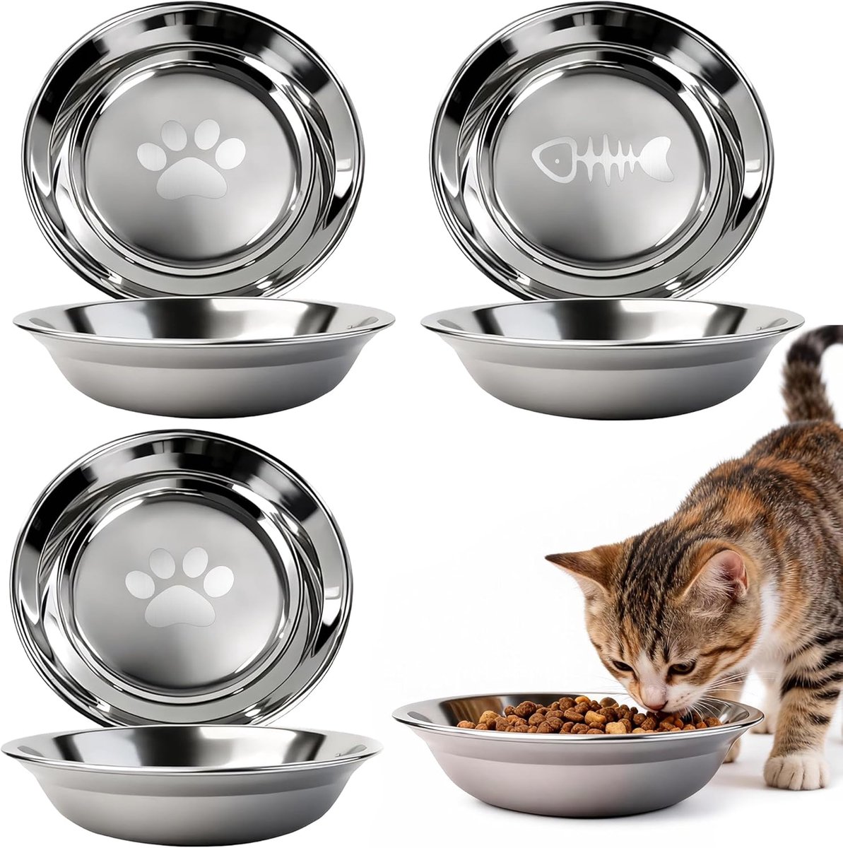 Voerbakken Set - Kattenbakken Hondenbakken - Eten Drinken - Plat Snorvriendelijk - 3 stuks 14cm - Zilver