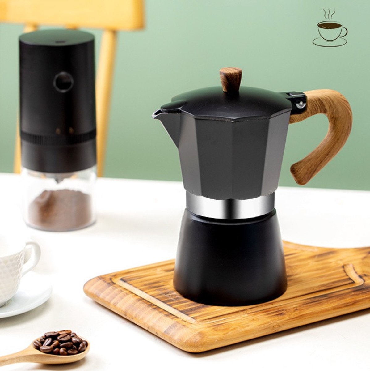 Italiaanse mokkapot/koffiezetapparaat/koffiepercolator/koffiezetapparaat voor op het fornuis, aluminium, inhoud 300 ml, keukengerei, koffiezetapparaat voor op het fornuis - zwart