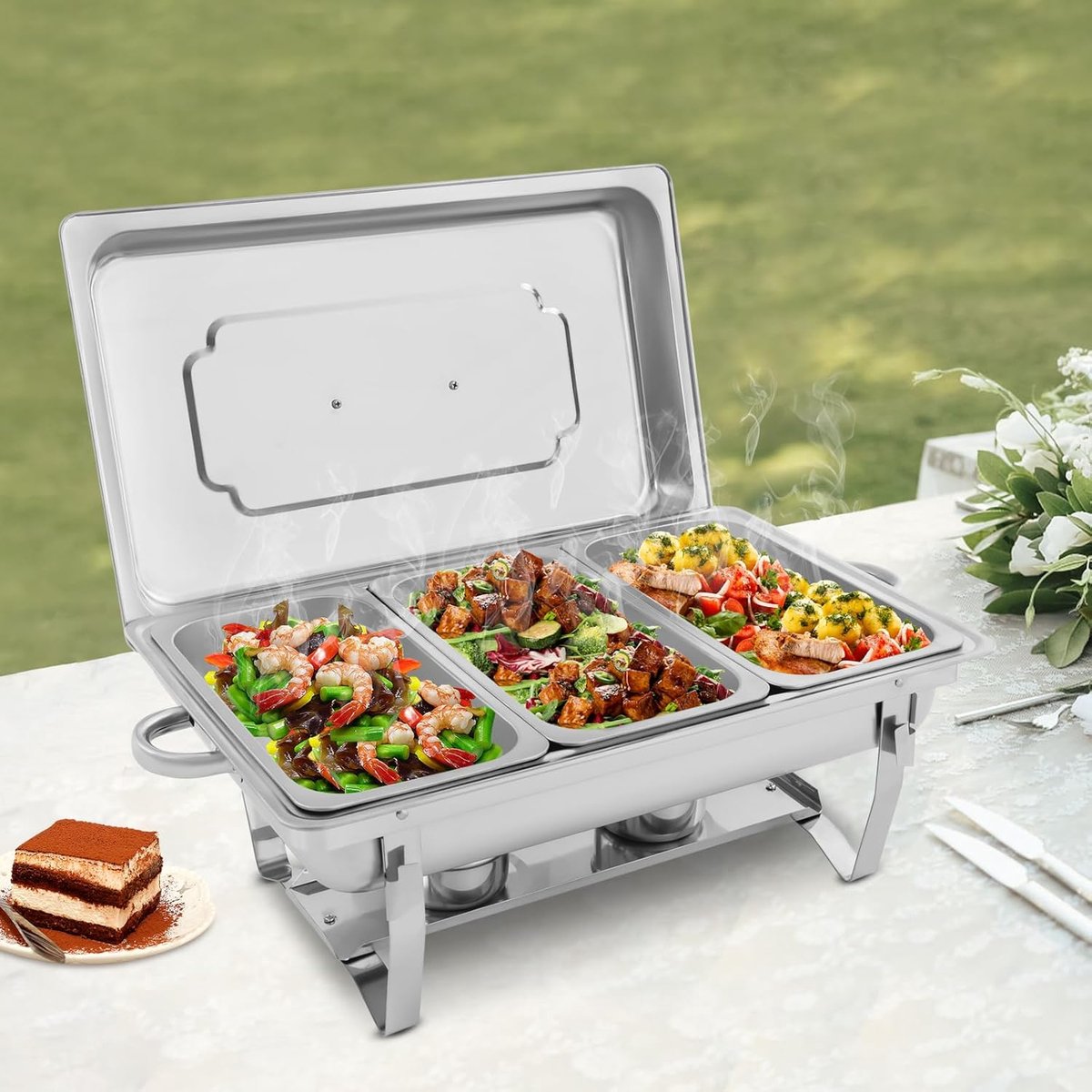 Voedselverwarmer Chafing Dish - Warmhoudcontainer Buffet - Buffetten Feesten - Opvouwbaar Frame - 3 x 3 Liter - Zilverkleurig