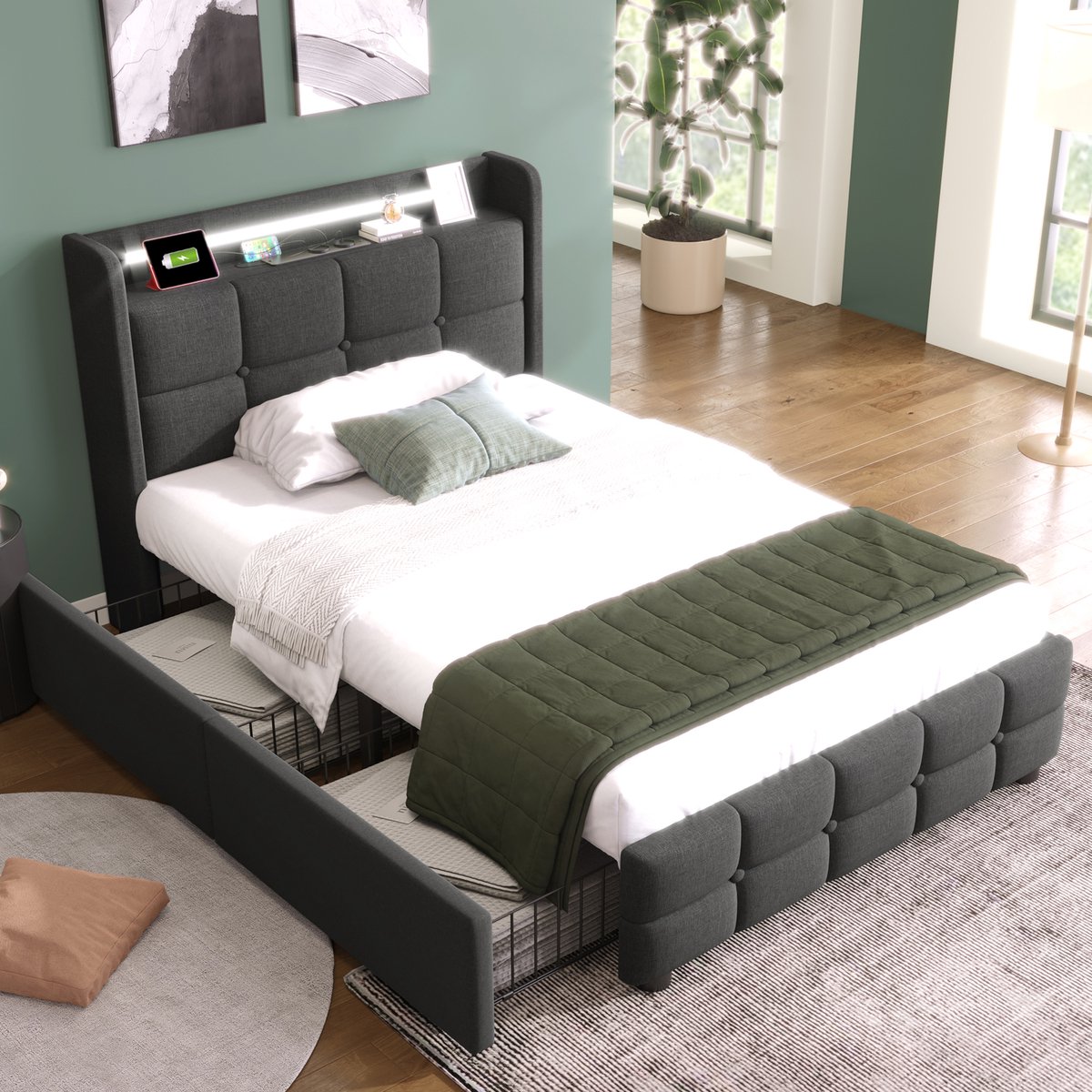 REDOM Eenpersoonsbed 90x200 cm – Bed Met LED Verlichting En USB – Met 2 Opberglades – Modern Design Voor Tienerkamer En Slaapkamer – Linnen Grijs