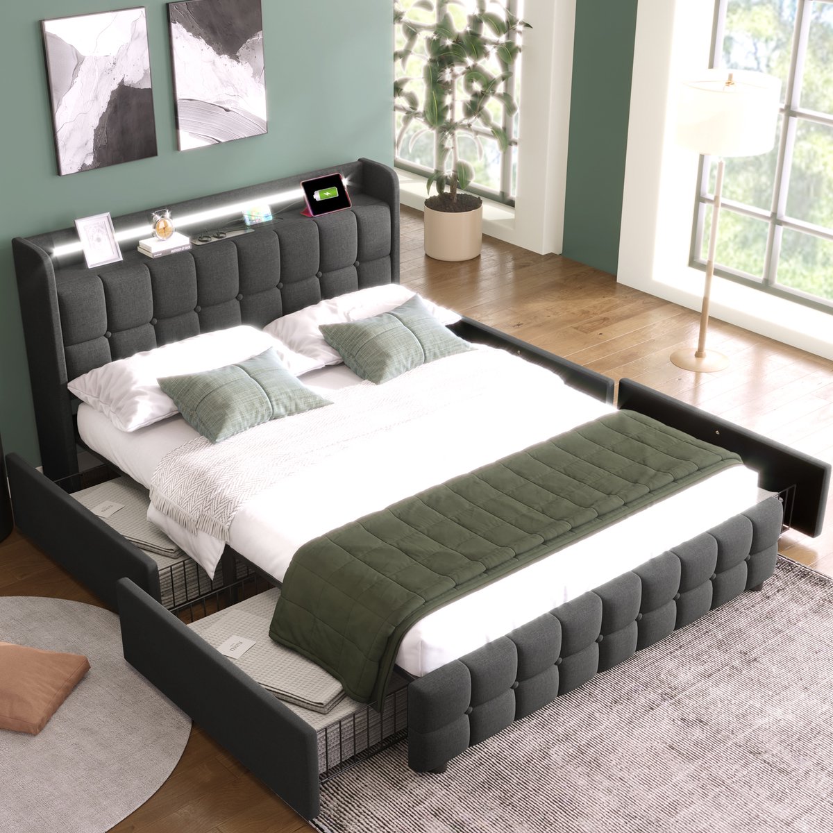 REDOM Gestoffeerd Bed – Met 4 laden, LED-verlichting & USB – Hout & linnen – Grijs – 160 x 200 cm