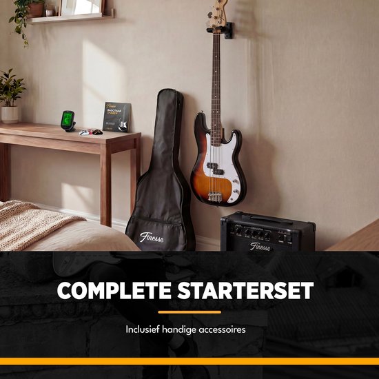 Sunburst basgitaar, versterker en tas tentoongesteld in een slaapkamer, als onderdeel van een starterset.