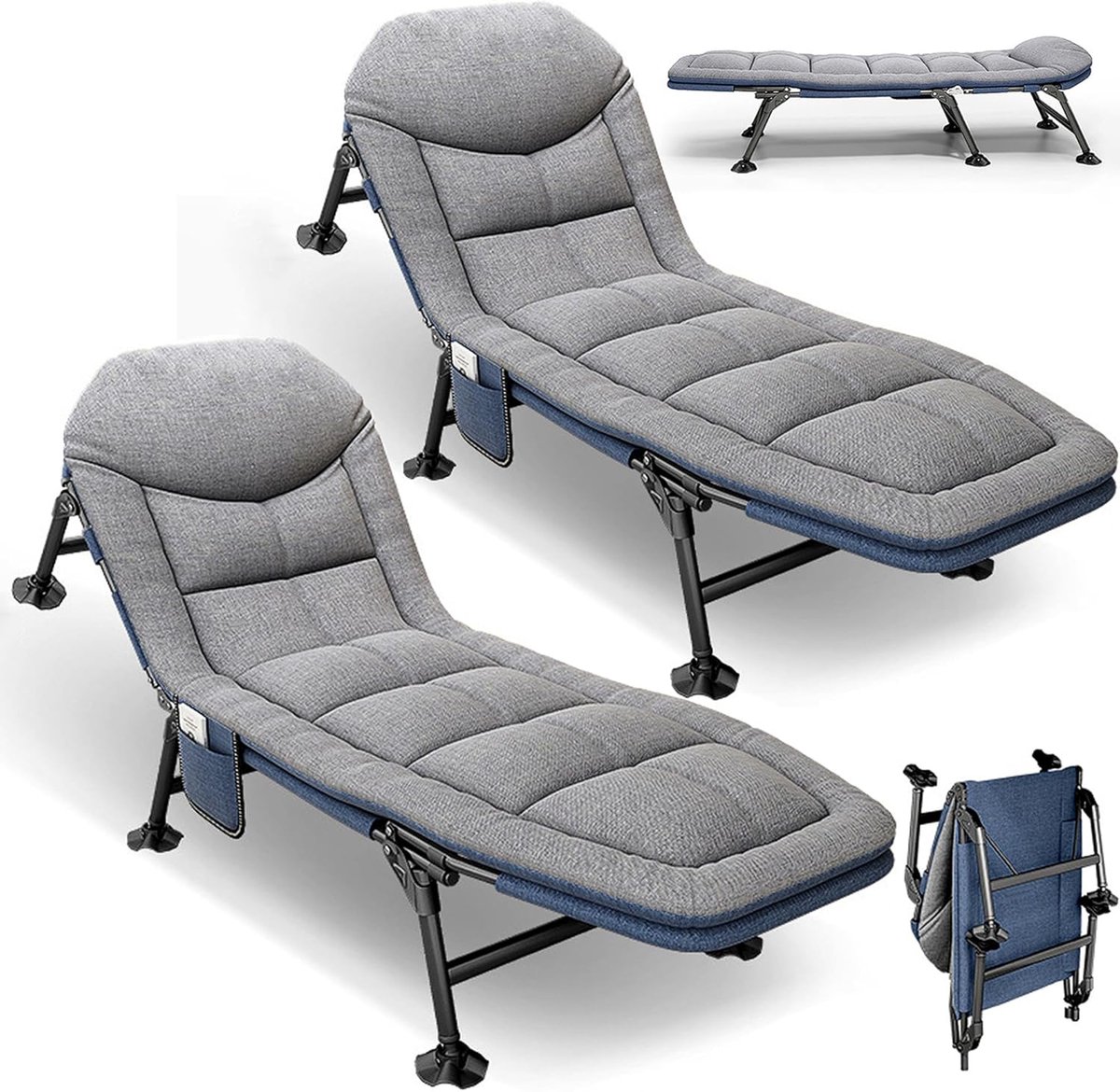 Inklapbaar Campingbed - Opvouwbaar Ligbed - Outdoor Ontspanning - 6-voudig Verstelbaar - 190 x 65 cm - Zwart Grijs