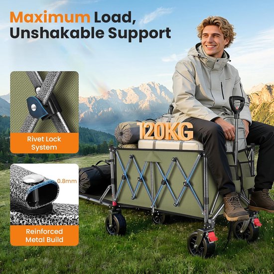 Opvouwbare Bolderkar - Transportwagen Tuin - Strand Camping Tuin - 4-Weg Stuurbaar - 250 Liter 150kg van Opvouwbare Bolderkar — afbeelding 4