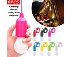 Opgehangen LED veiligheidsslamp voor kinderen, geschikt voor boomhutten, speelhuisjes, kamperen, binnen/buiten, batterijgevoede lamp, kleurrijke LED trekkoord nachtlamp (lichtblauw*1 rood*1 zwart*1 geel*1 groen*1 fuchsia*2 wit*1)